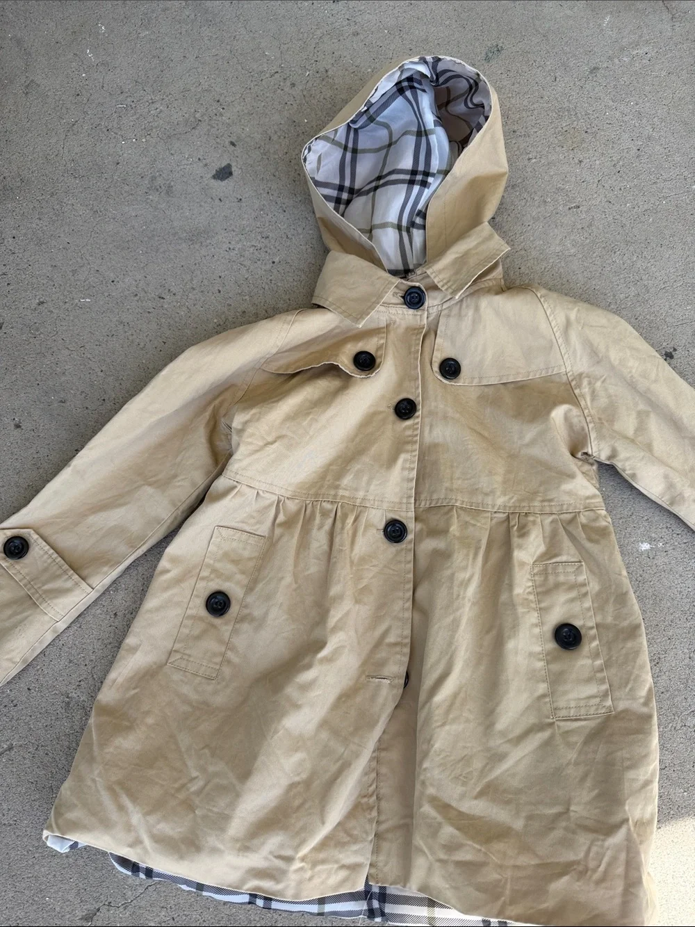 Children's Hooded Beige Raincoat with Plaid Lining